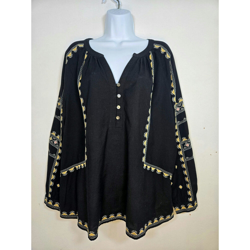 J. Jill Pure Jill Elements Women' Black Embroidered Peasant Boho Blouse. Size XL